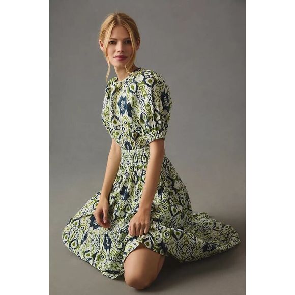 New Anthropolgie X THE ODELLS Smocked Puff-Sleeve Dress Size Large - Picture 4 of 9